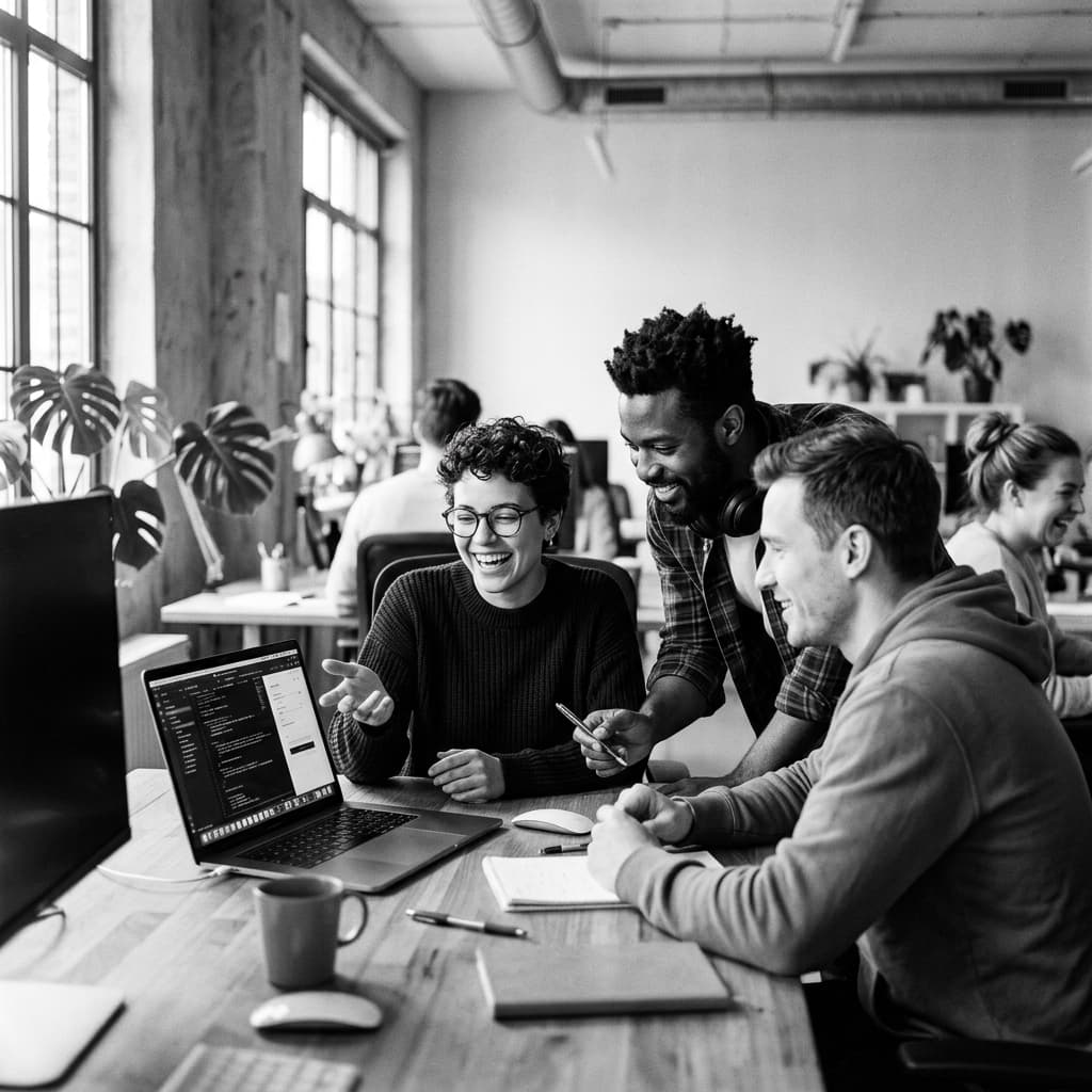 A team collaborating in a bright workspace